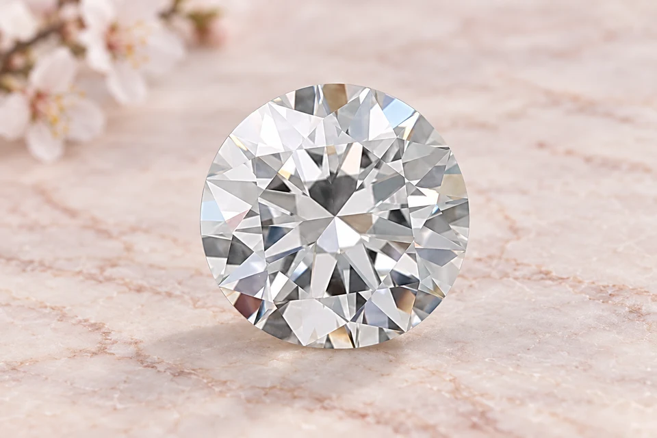 Mise en scène du diamant rond de 0,3 carat sur un fond mineral