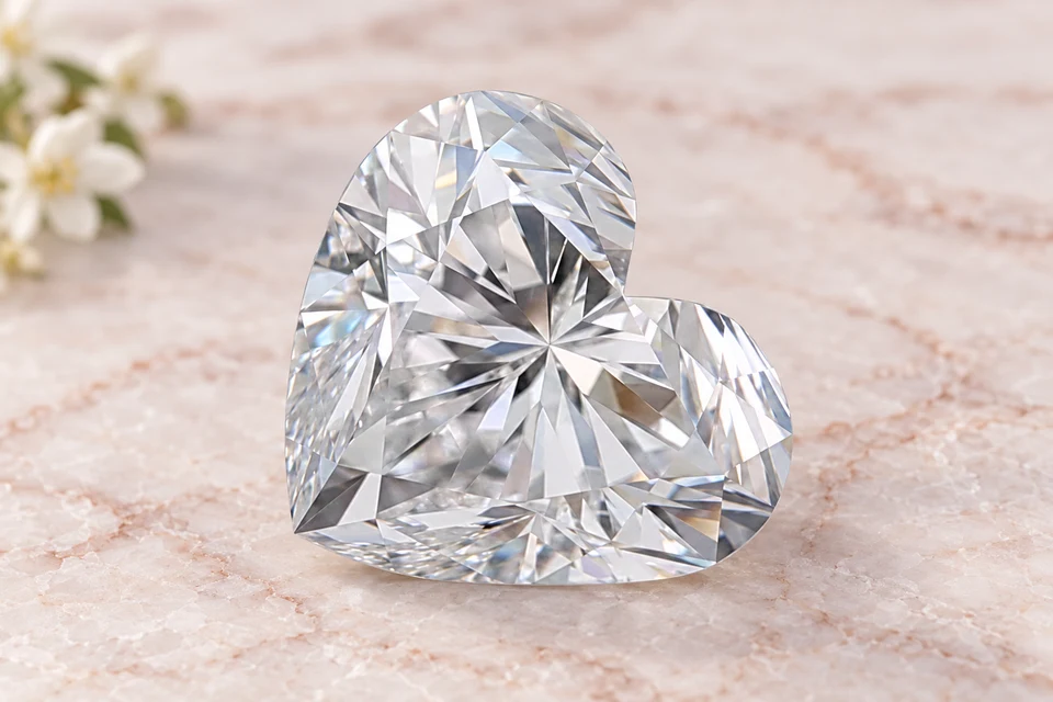 Mise en scène du diamant cœur de 0,7 carat sur un fond mineral
