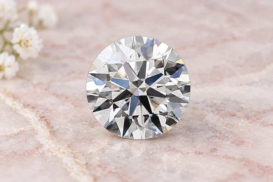 Mise en scène du diamant rond de 0,3 carat sur un fond mineral