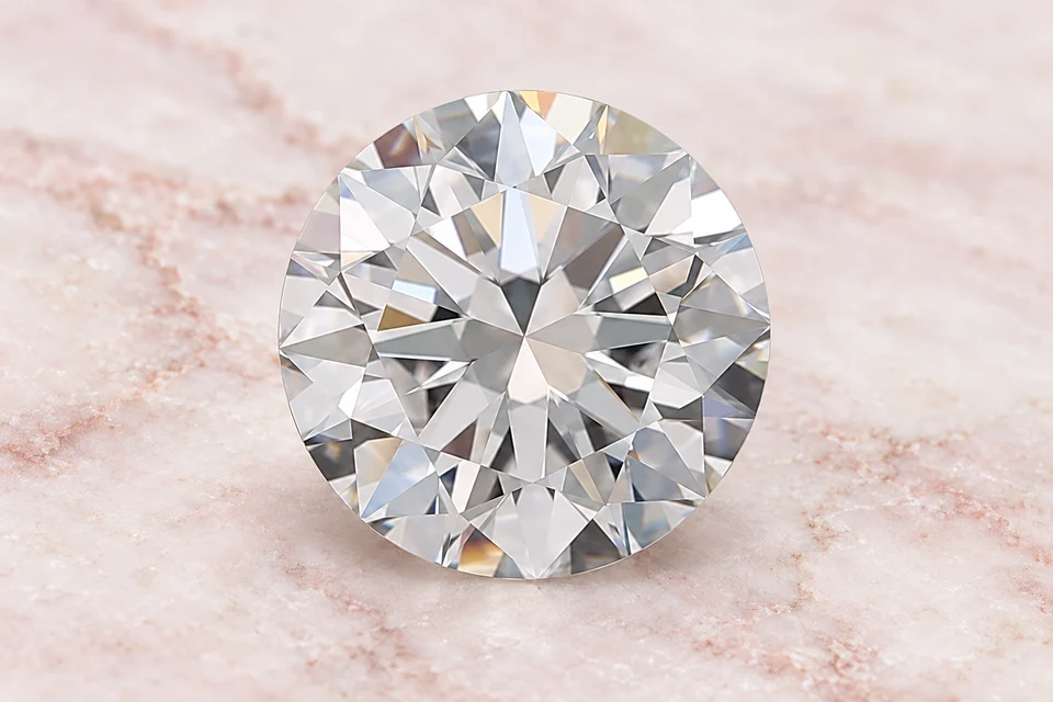 Mise en scène du diamant rond de 0,9 carat sur un fond mineral