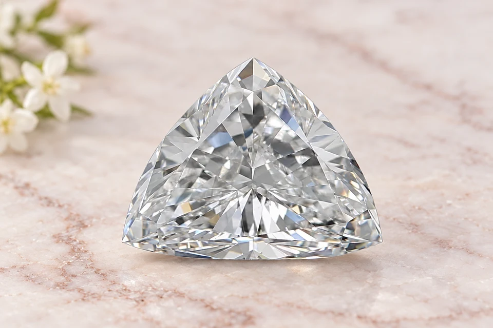 Mise en scène du diamant trilliant de 0,74 carat sur un fond mineral