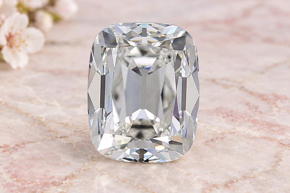 Mise en scène du diamant taille ancienne coussin de 0,91 carat sur un fond mineral