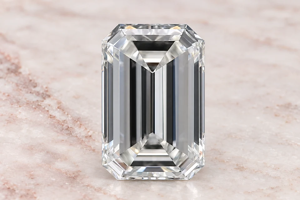 Mise en scène du diamant émeraude de 0,9 carat sur un fond mineral