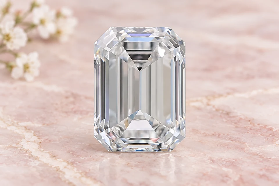 Mise en scène du diamant émeraude de 1,2 carat sur un fond mineral