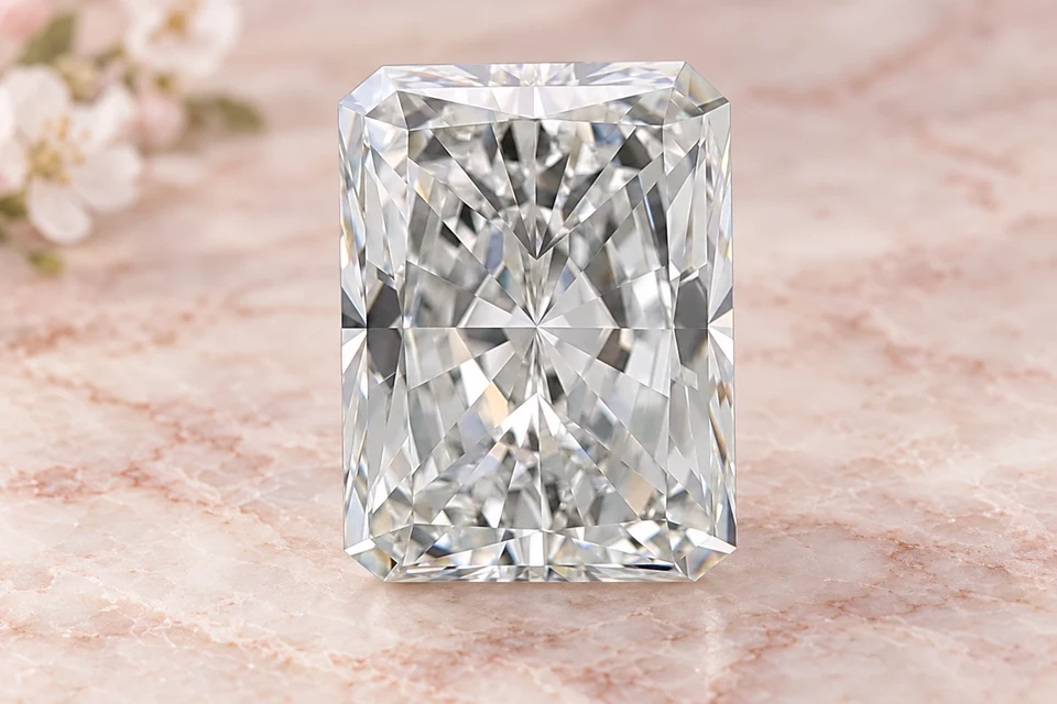 Mise en scène du diamant radiant de 1,5 carat sur un fond mineral