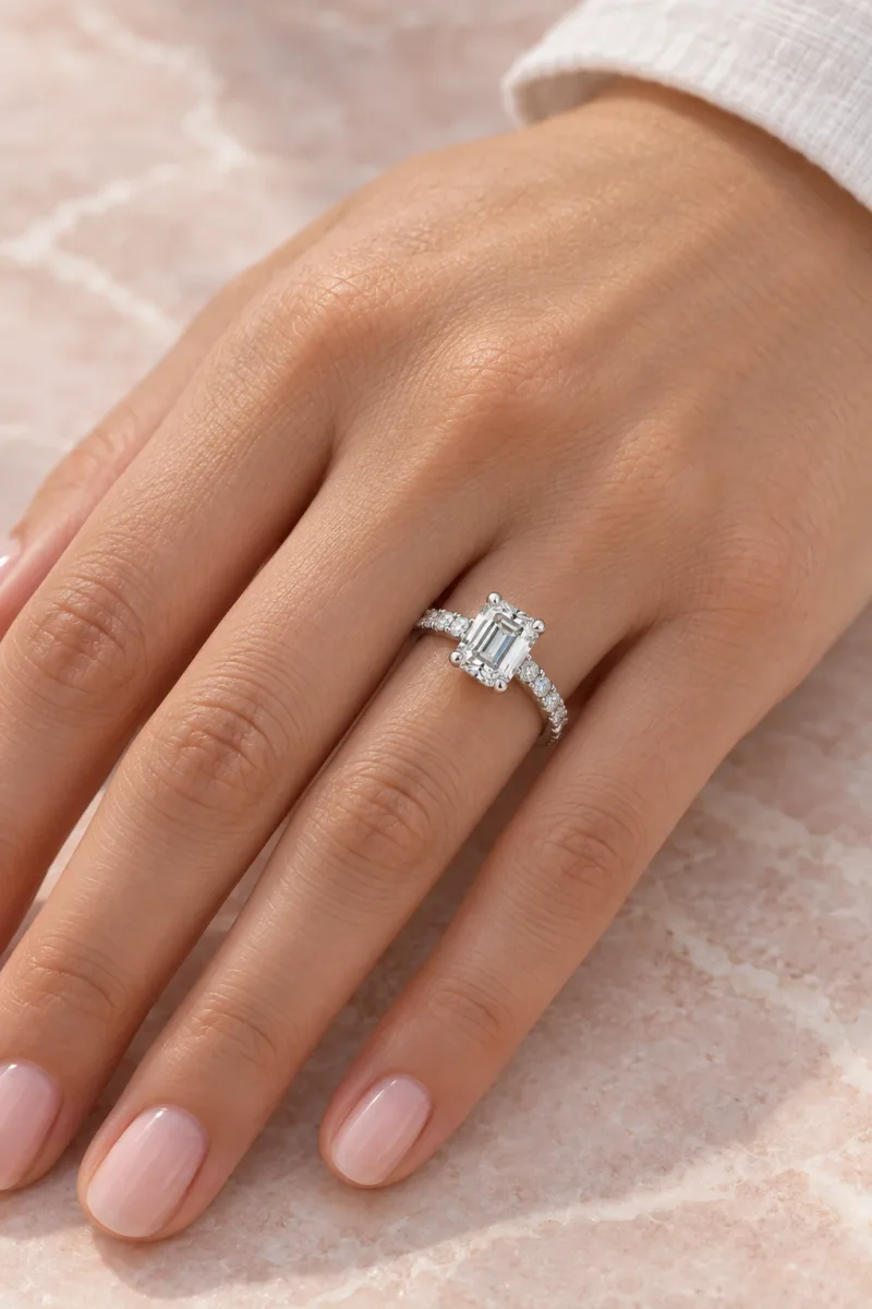 Bague halo caché Lisière émeraude en or blanc 18 carats, bijou porté