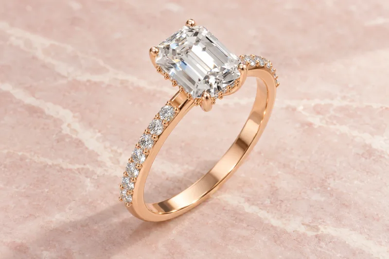 Bague halo caché Lisière émeraude en or rose 18 carats, composition éditoriale