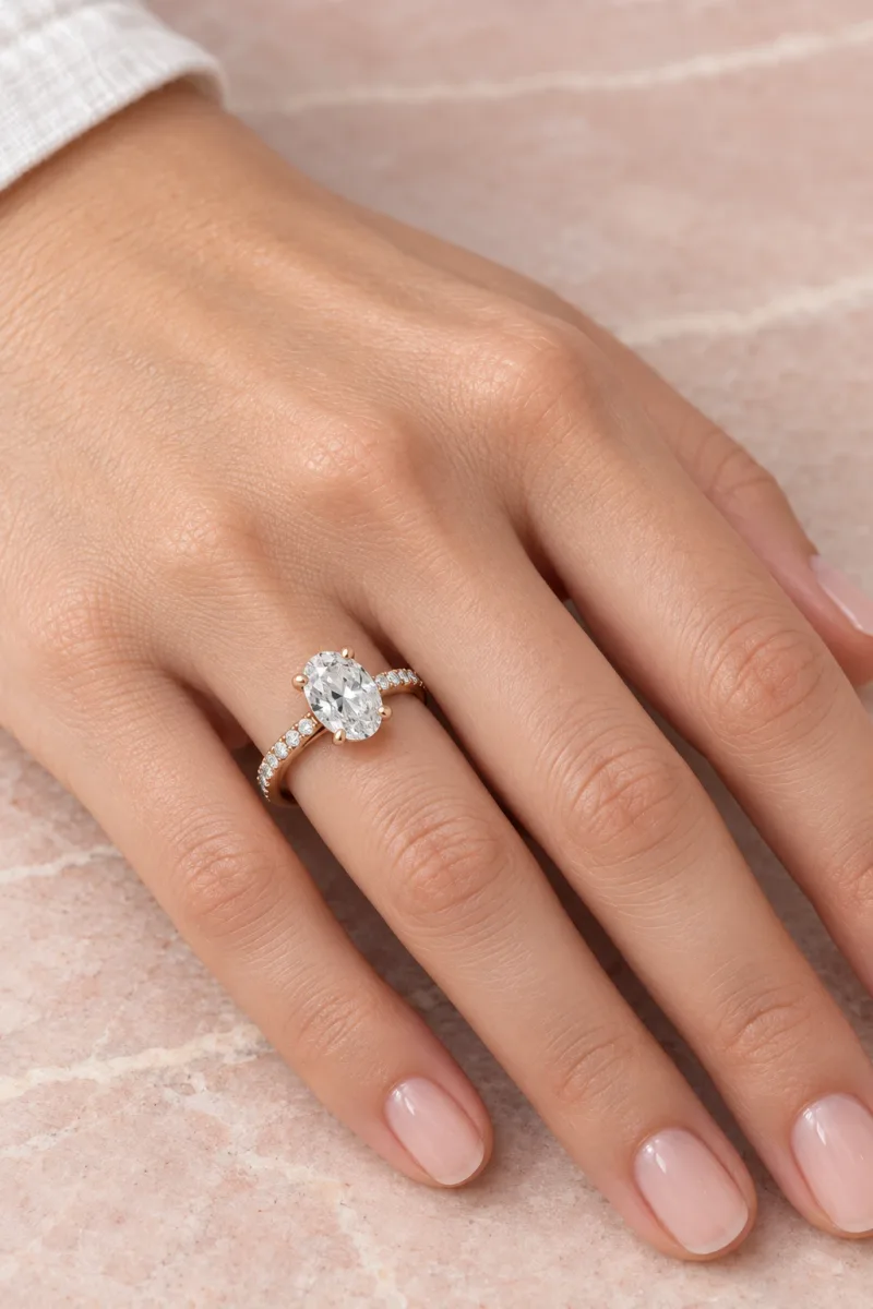 Bague solitaire Isoline ovale en or rose 18 carats, bijou porté