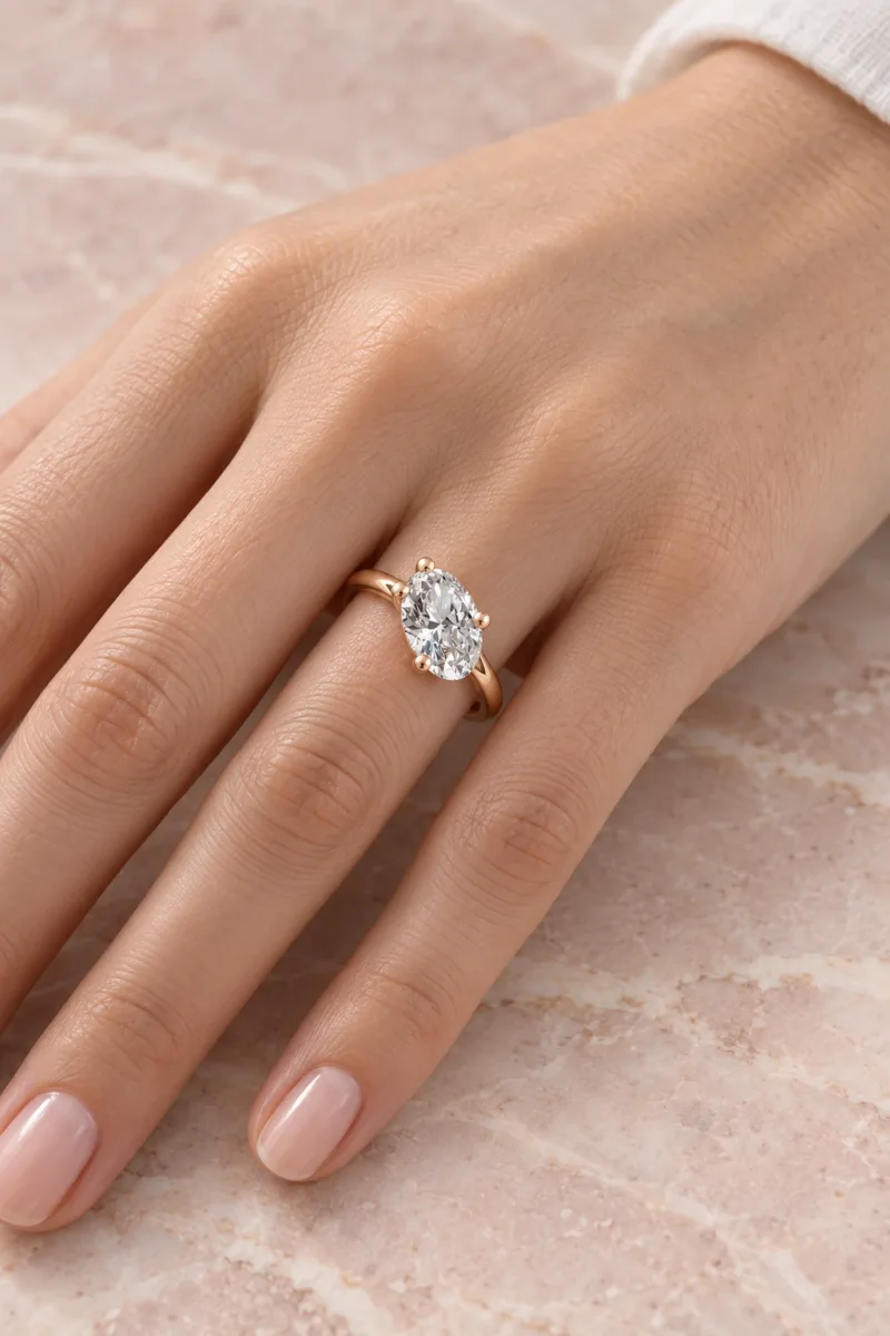 Bague solitaire Épure ovale en or rose 18 carats, bijou porté