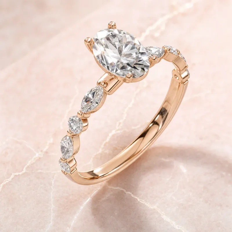 Bague solitaire Perspective ovale en or rose 18 carats, vue d’ambiance