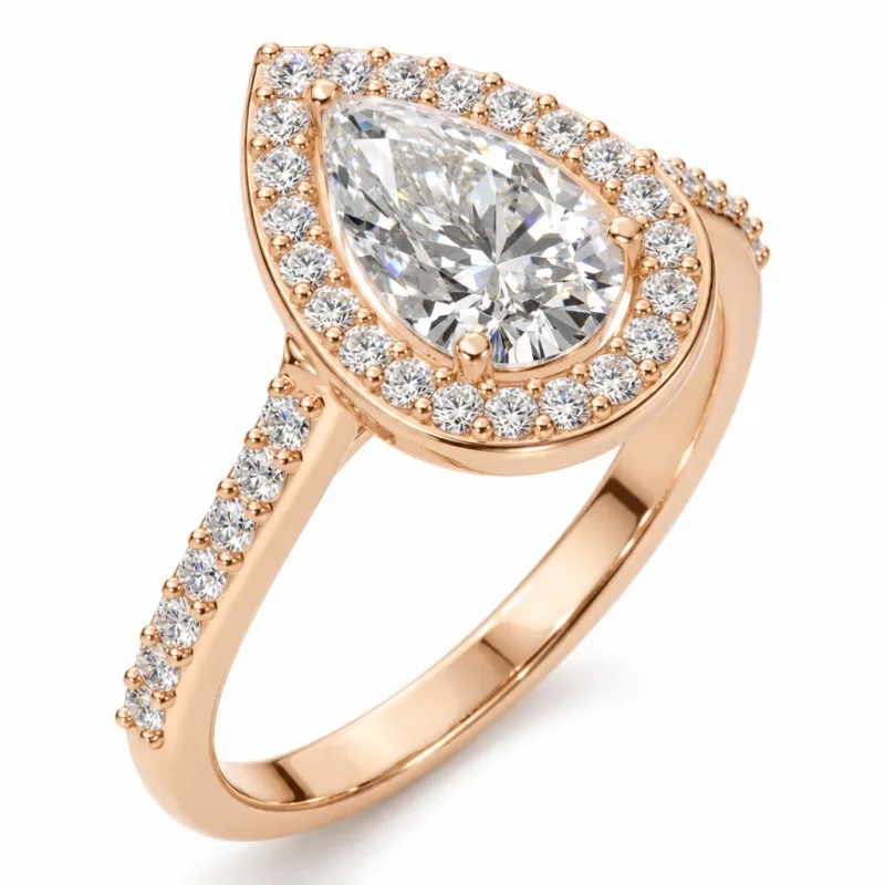 Bague halo Ondine poire en or rose 18 carats, vue du bijou
