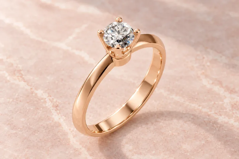 Bague solitaire Floriane rond en or rose 18 carats, composition éditoriale