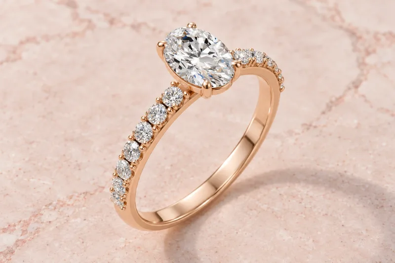 Bague solitaire Lyra ovale en or rose 18 carats, composition éditoriale