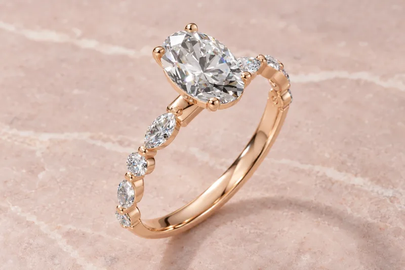 Bague solitaire Perspective ovale en or rose 18 carats, composition éditoriale