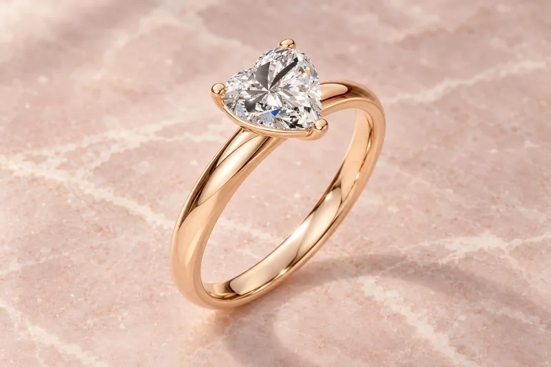 Bague solitaire Ophélie cœur en or rose 18 carats, composition éditoriale