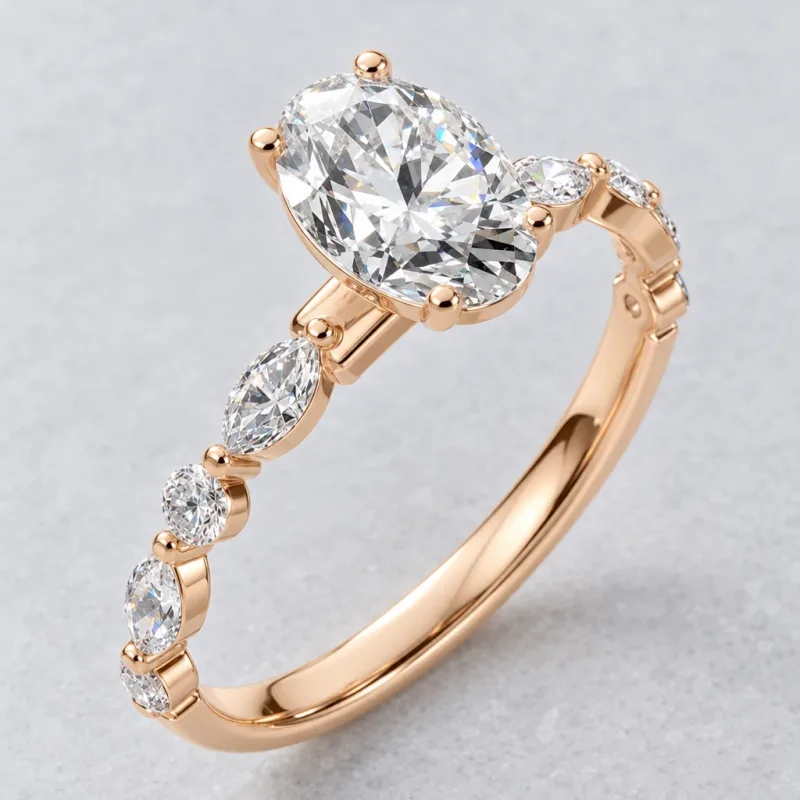 Bague solitaire Perspective ovale en or rose 18 carats, détail du sertissage et du poli